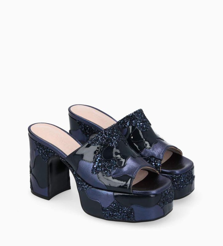 Free Lance Lola 95 Mule à Talon Cuir Miroir/Toile Pailleté/Cuir Bleu