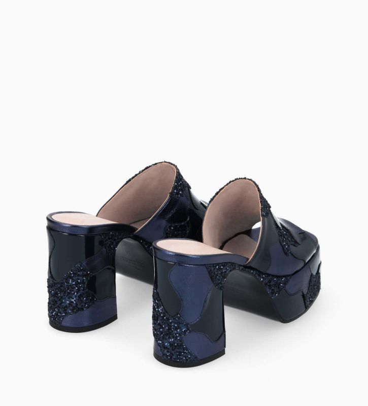 Free Lance Lola 95 Mule à Talon Cuir Miroir/Toile Pailleté/Cuir Bleu