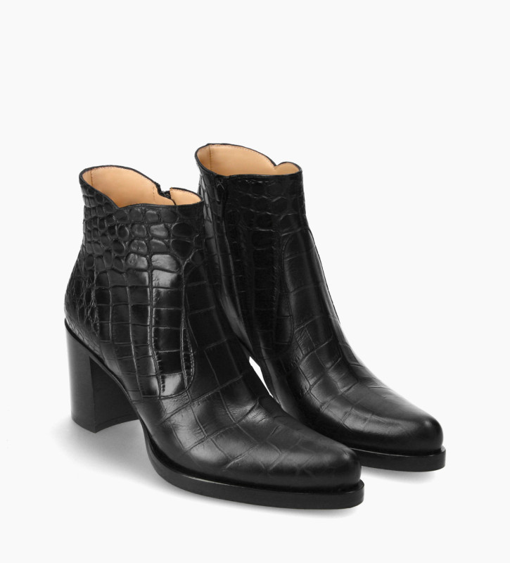 Free Lance Paddy 70 Bottine à Talon à Zip Cuir Embossé Croco Noir