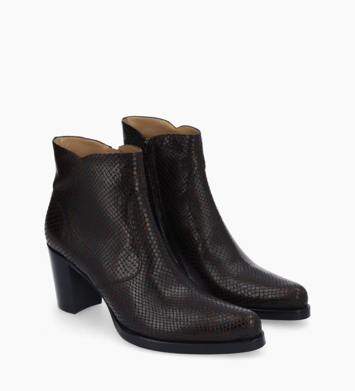 Free Lance Paddy 70 Bottine à Talon à Zip Cuir Imprimé Serpent Café