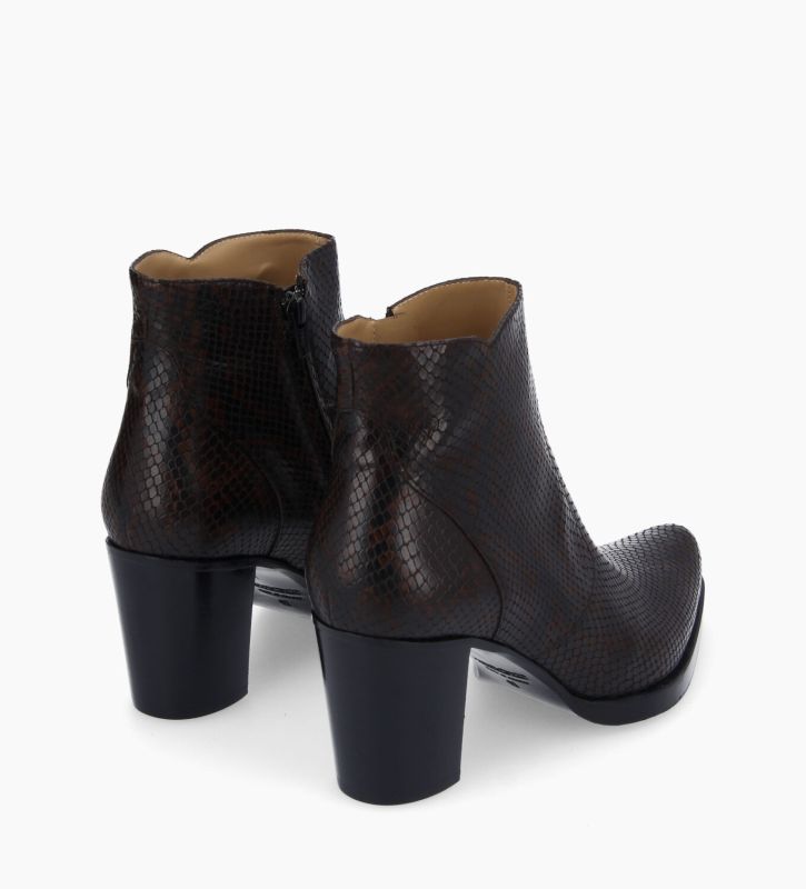 Free Lance Paddy 70 Bottine à Talon à Zip Cuir Imprimé Serpent Café