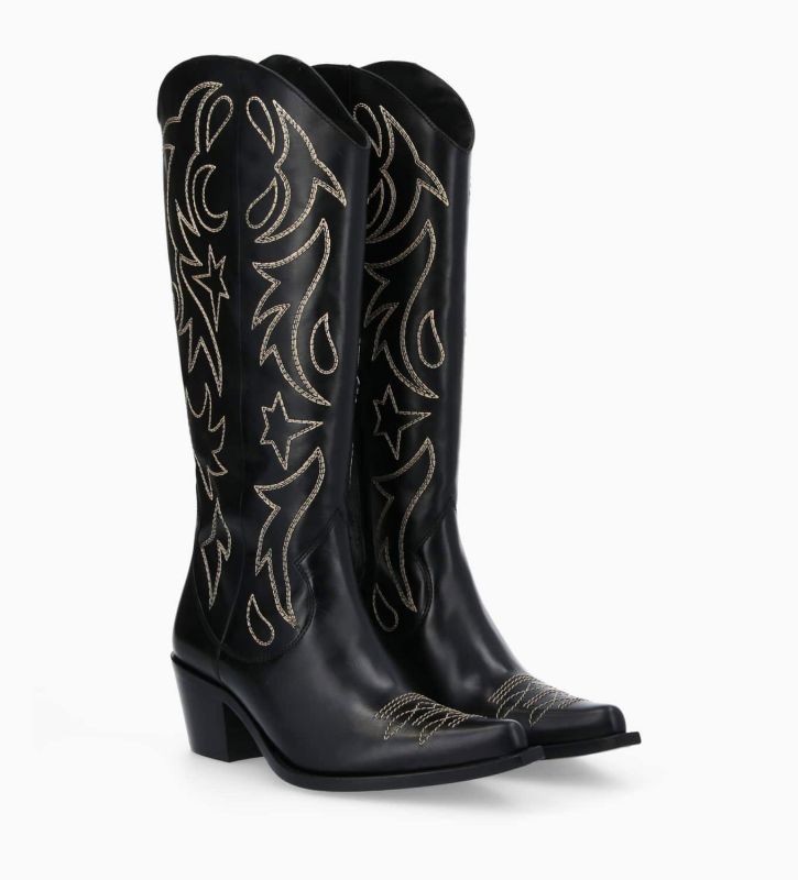 Free Lance Ruby 50 Botte Western Brodée à Talon Cuir De Veau Lisse Brillant Noir