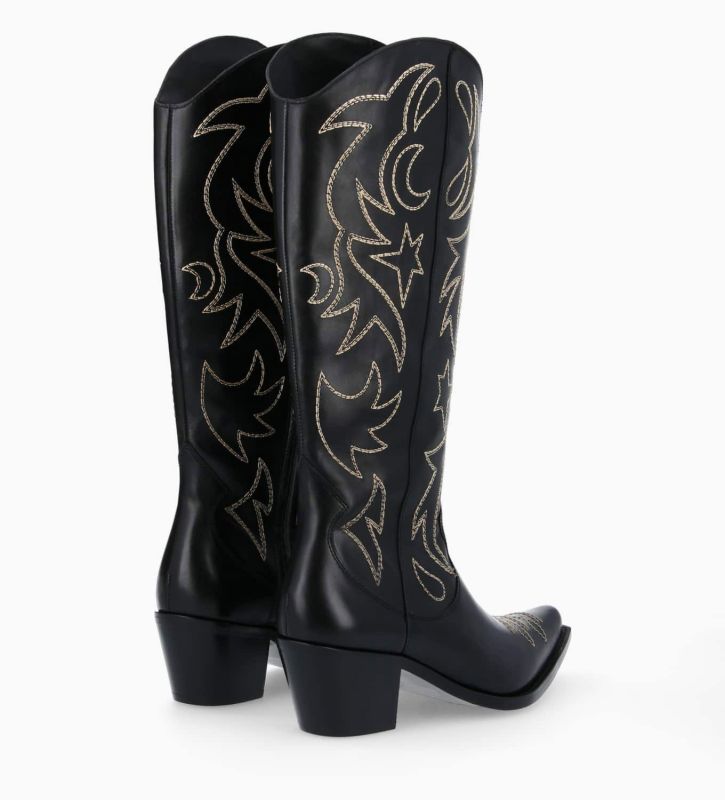 Free Lance Ruby 50 Botte Western Brodée à Talon Cuir De Veau Lisse Brillant Noir