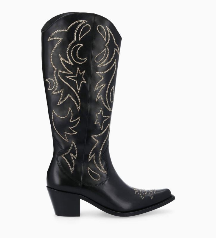 free lance Ruby 50 Botte western brodée à talon Cuir de veau lisse brillant Noir