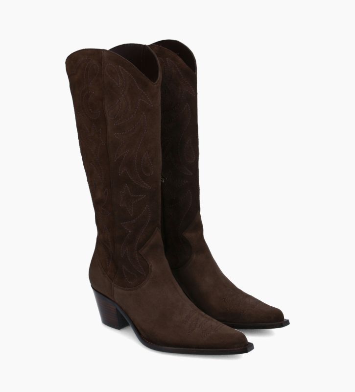 Free Lance Ruby 50 Botte Western Brodée à Talon Cuir Velours Marron Foncé