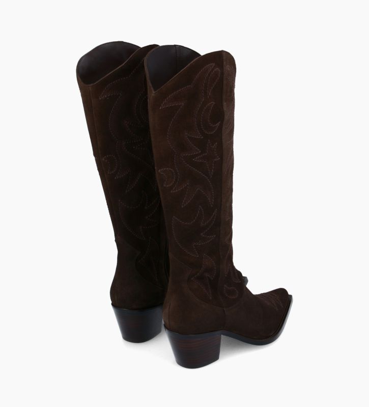 Free Lance Ruby 50 Botte Western Brodée à Talon Cuir Velours Marron Foncé