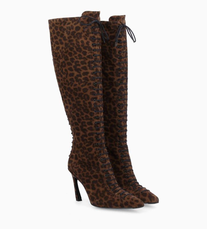 Free Lance Salem 85 Botte Lacée à Talon Aiguille Cuir Velours Léopard