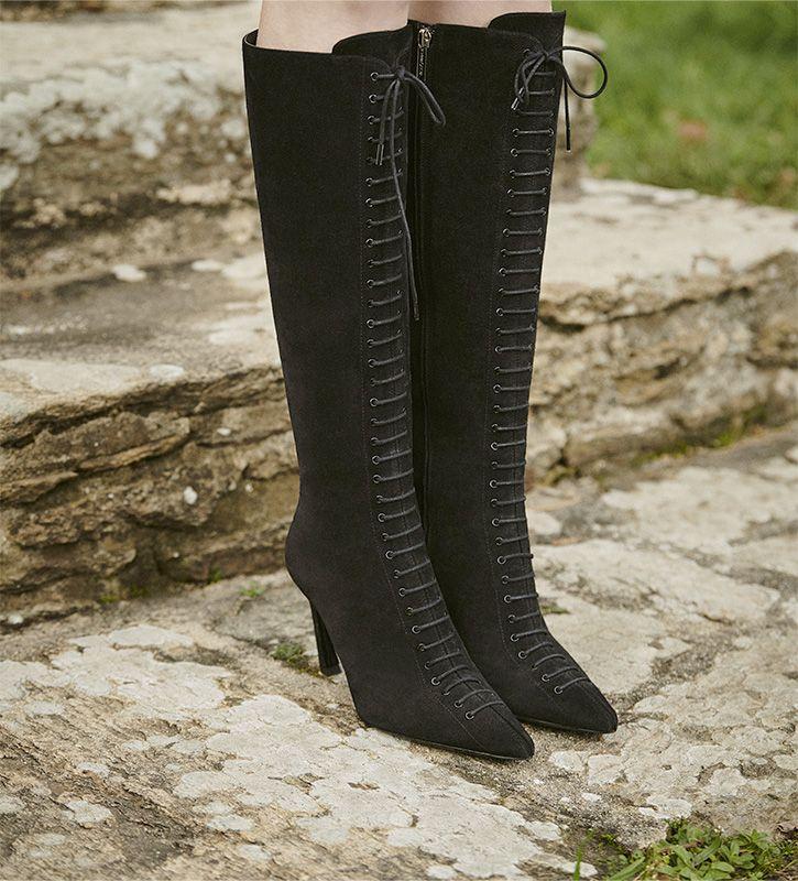 Free Lance Salem 85 Botte Lacée à Talon Aiguille Cuir Velours Noir