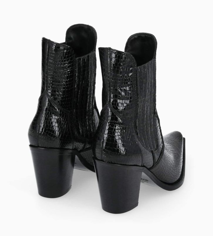 Free Lance Sandy 80 Bottine Chelsea à Talon Cuir Imprimé Serpent Verni Noir