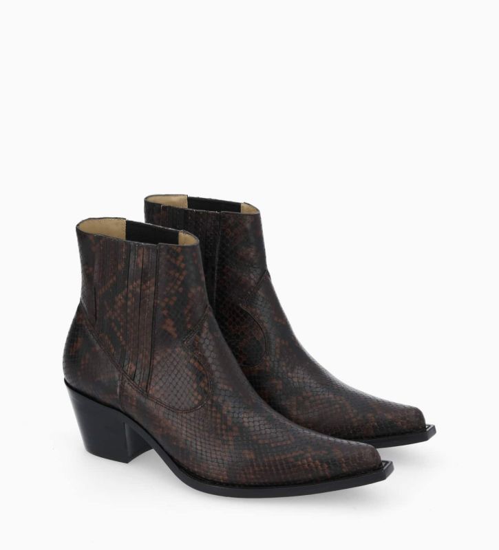 Free Lance Sibelle 50 Bottine Western Chelsea Cuir Imprimé Serpent Café