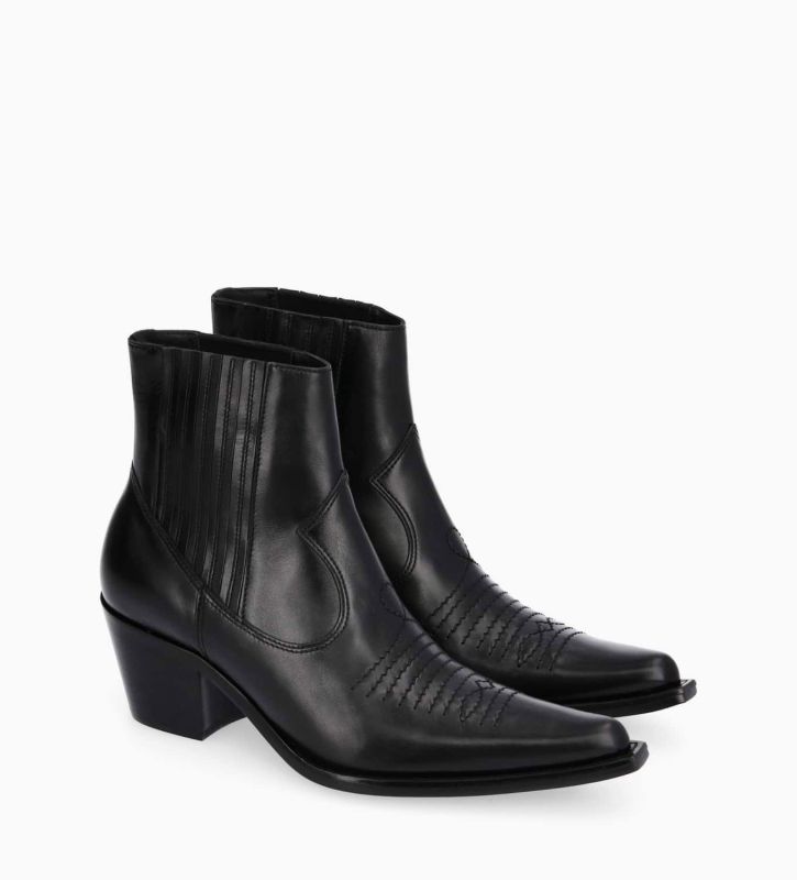 Free Lance Simone 50 Bottine Western Chelsea Brodée à Cuir De Veau Lisse Brillant Noir