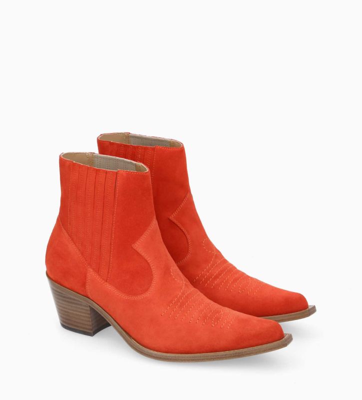 Free Lance Simone 50 Bottine Western Chelsea Brodée à Cuir Velours Coquelicot