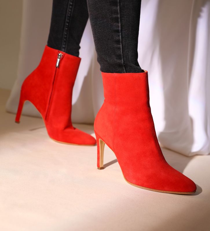 Free Lance Stella 85 Bottine à Talon Aiguille Zippée Cuir Velours Coquelicot