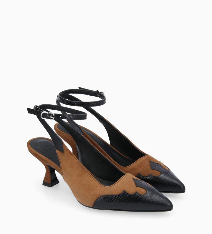 Free Lance Suzy 60 Escarpin à Bride Arrière Cuir Velours/Cuir Imprimé Lézard Noir/Brun