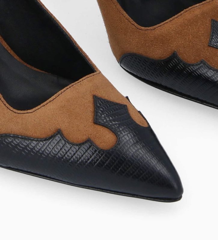 Free Lance Suzy 60 Escarpin à Bride Arrière Cuir Velours/Cuir Imprimé Lézard Noir/Brun