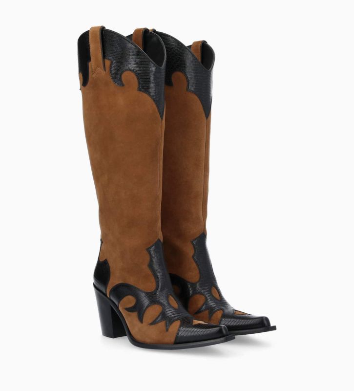 Free Lance Terry 80 Botte Western Brodée à Talon Cuir Velours/Cuir Imprimé Lézard Noir/Brun