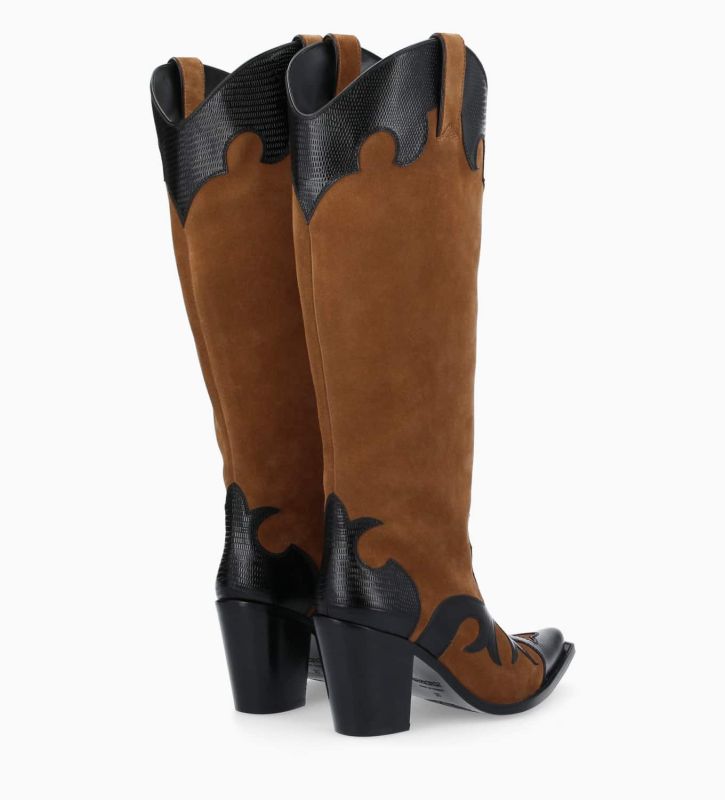 Free Lance Terry 80 Botte Western Brodée à Talon Cuir Velours/Cuir Imprimé Lézard Noir/Brun