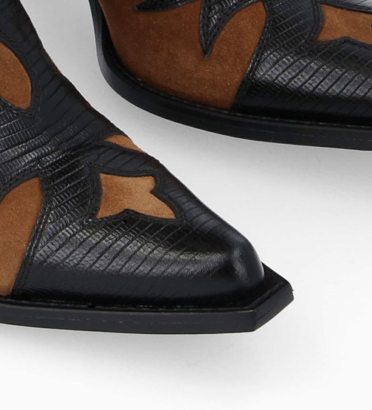 Free Lance Terry 80 Botte Western Brodée à Talon Cuir Velours/Cuir Imprimé Lézard Noir/Brun