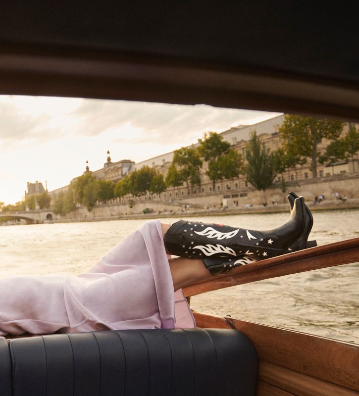 Free Lance Tina 50 Botte Western à Talon Brodée Cuir De Veau Lisse Brillant Noir/Beige