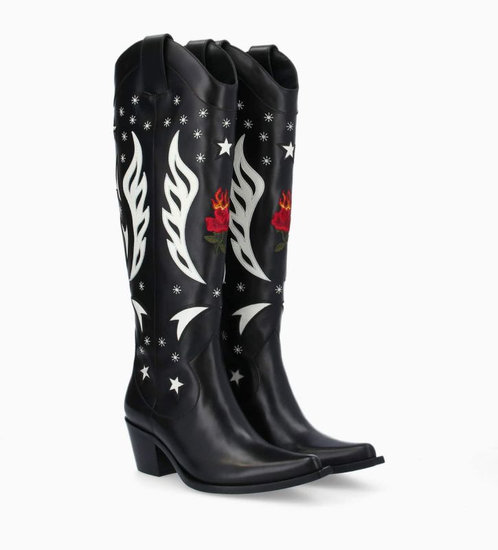 Free Lance Tina 50 Botte Western à Talon Brodée Cuir De Veau Lisse Brillant Noir/Beige