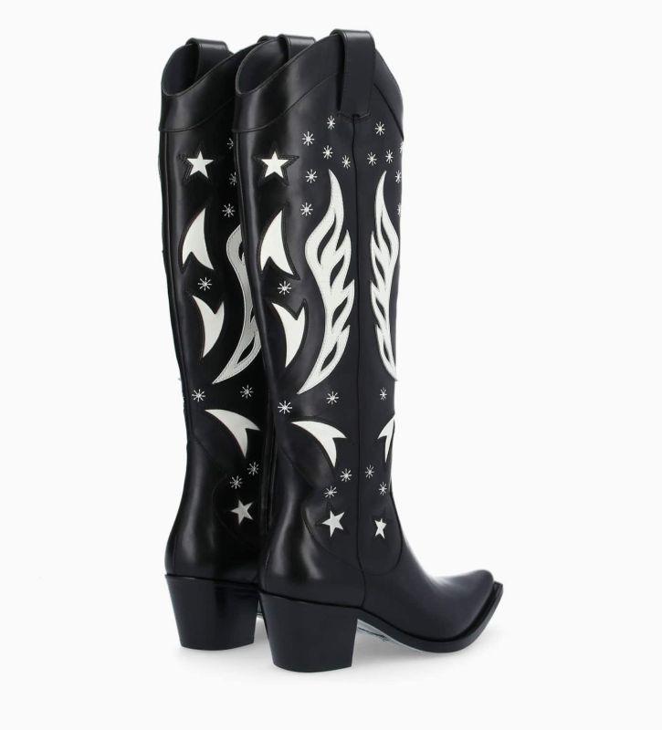 Free Lance Tina 50 Botte Western à Talon Brodée Cuir De Veau Lisse Brillant Noir/Beige