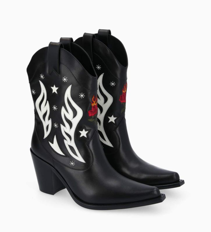 Free Lance Tippi 80 Bottine Western à Talon Brodée Cuir De Veau Lisse Brillant Noir/Beige