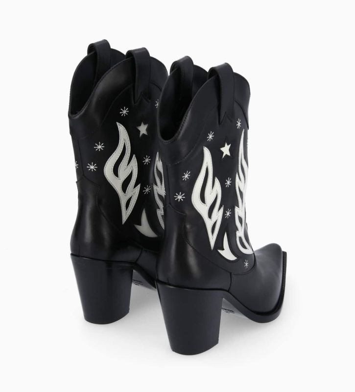 Free Lance Tippi 80 Bottine Western à Talon Brodée Cuir De Veau Lisse Brillant Noir/Beige
