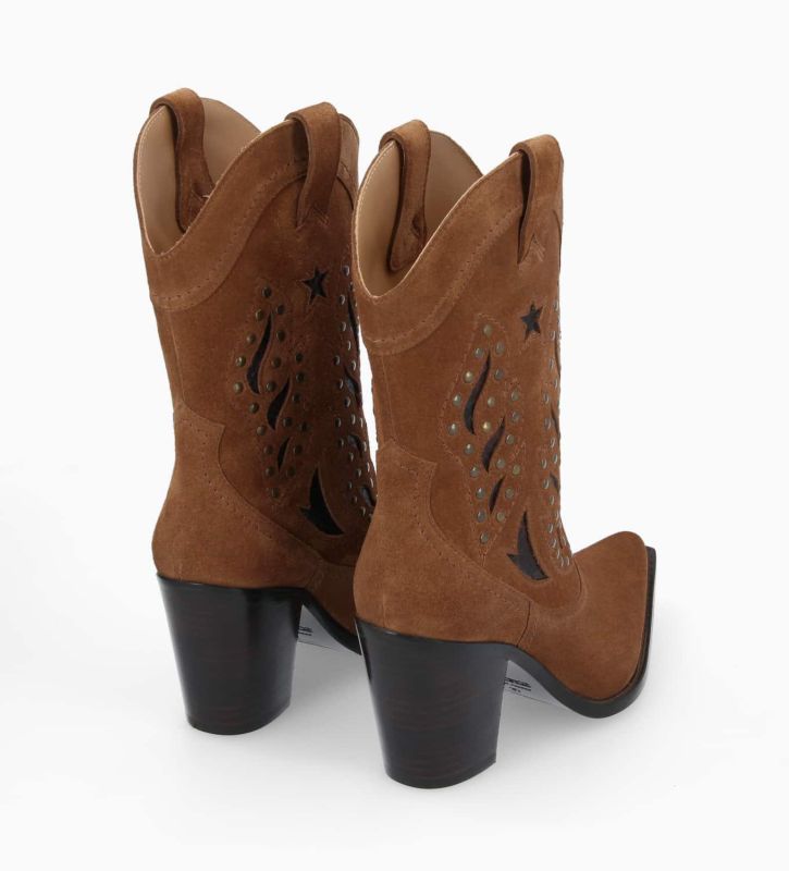 Free Lance Tippi 80 Bottine Western Brodée à Talon Avec Cuir Velours/Cuir Imprimé Serpent Brun/Café