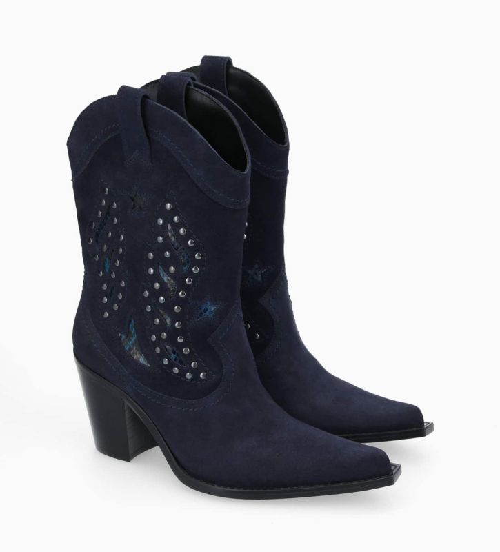 Free Lance Tippi 80 Bottine Western Brodée à Talon Avec Cuir Velours/Cuir Imprimé Serpent Marine