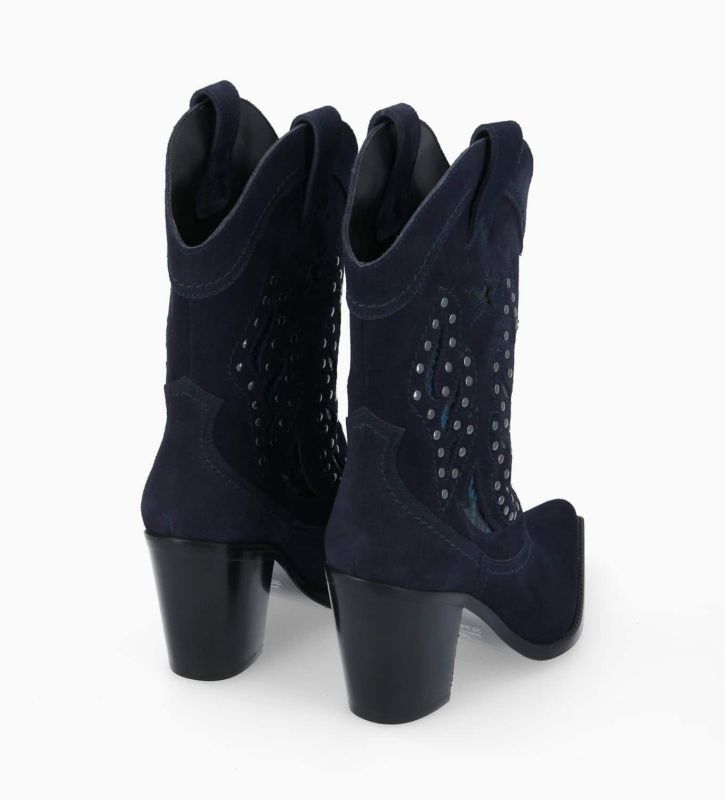 Free Lance Tippi 80 Bottine Western Brodée à Talon Avec Cuir Velours/Cuir Imprimé Serpent Marine