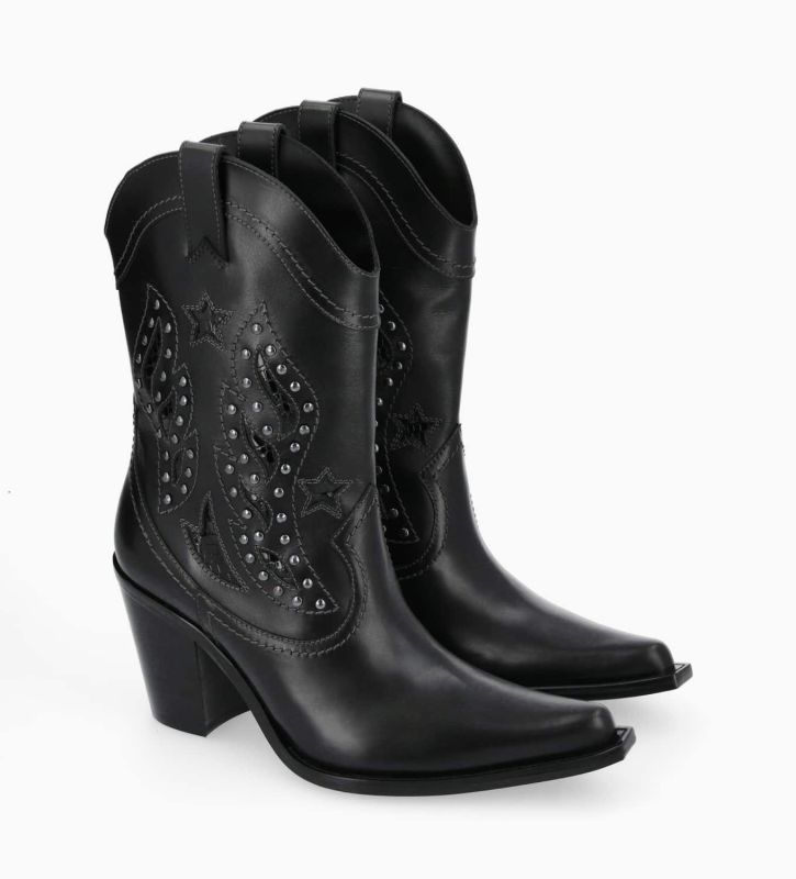 Free Lance Tippi 80 Bottine Western Brodée à Talon Avec Cuir De Veau Lisse/Cuir Imprimé Noir