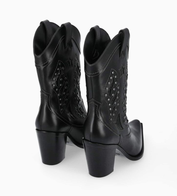 Free Lance Tippi 80 Bottine Western Brodée à Talon Avec Cuir De Veau Lisse/Cuir Imprimé Noir