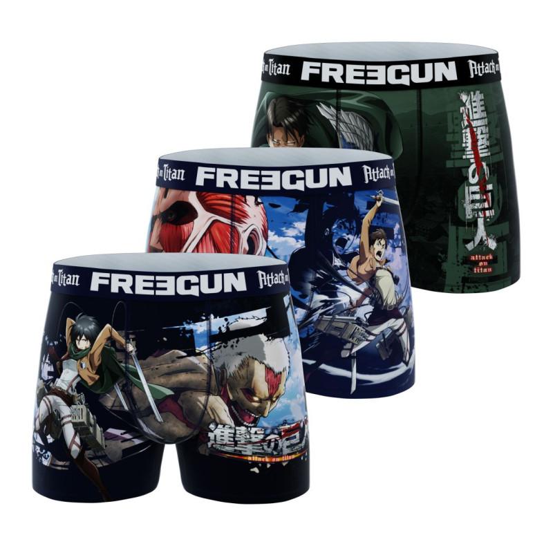 freegun Lot de 3 Boxers Microfibre homme L'Attaque Des Titans Eren Livaï Titan Mikasa Imprimé