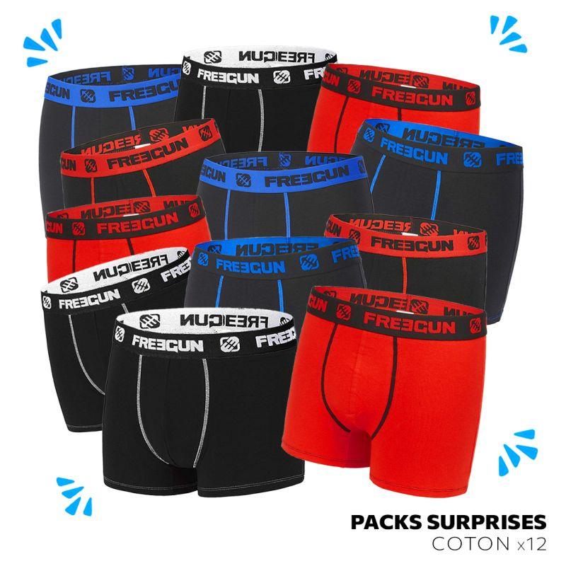 freegun Pack Surprise de 12 Boxers Homme Coton Uni Stretch