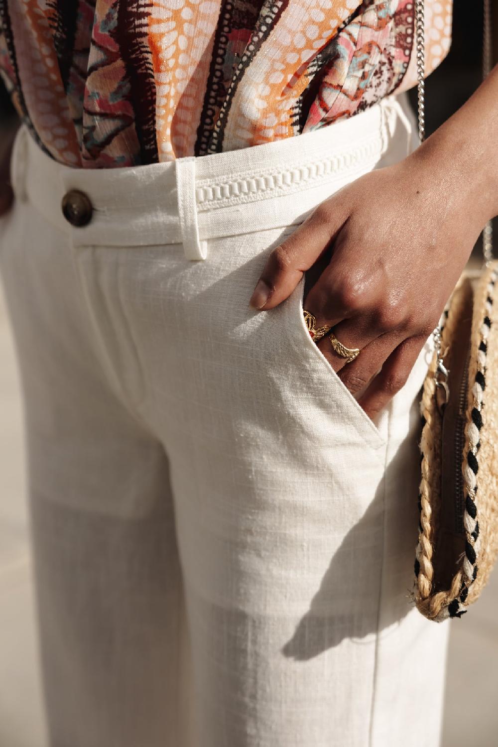 Freeman T. Porter Agatha Plain Linen Pantalon Large En Lin Femme Bright White