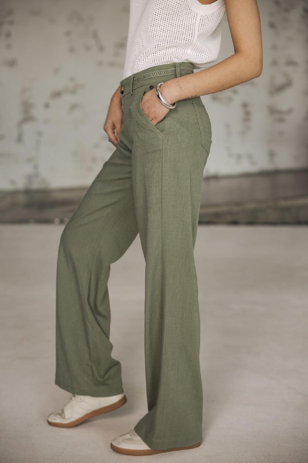Freeman T. Porter Agatha Plain Linen Pantalon Large En Lin Femme Deep Lichen Green