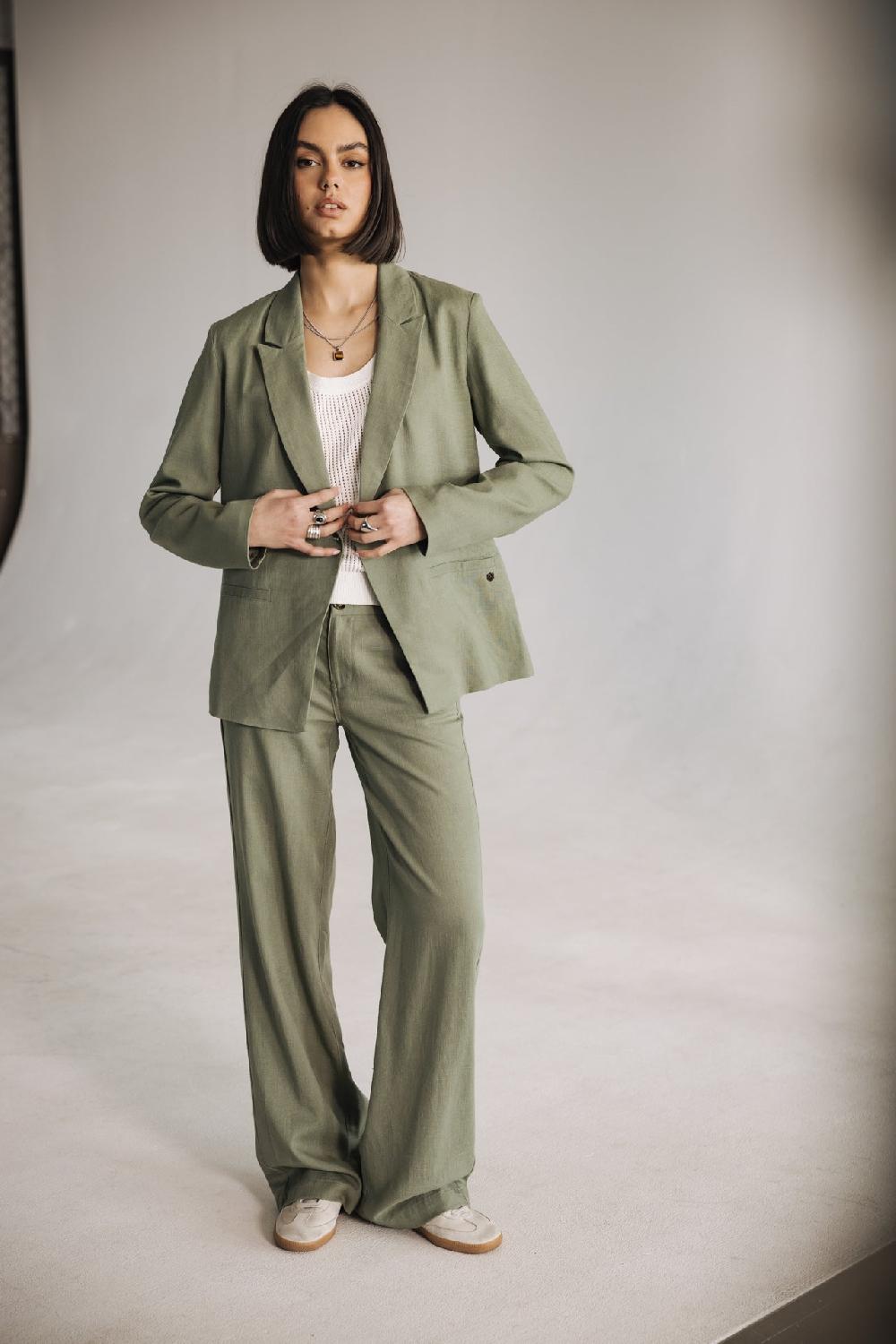 Freeman T. Porter Agatha Plain Linen Pantalon Large En Lin Femme Deep Lichen Green