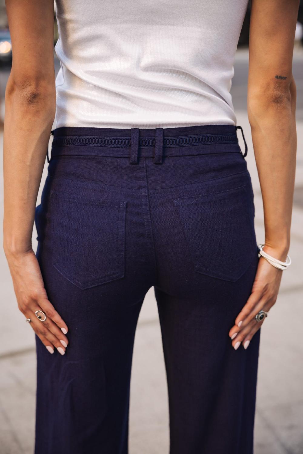 Freeman T. Porter Agatha Plain Linen Pantalon Large En Lin Femme Peacoat