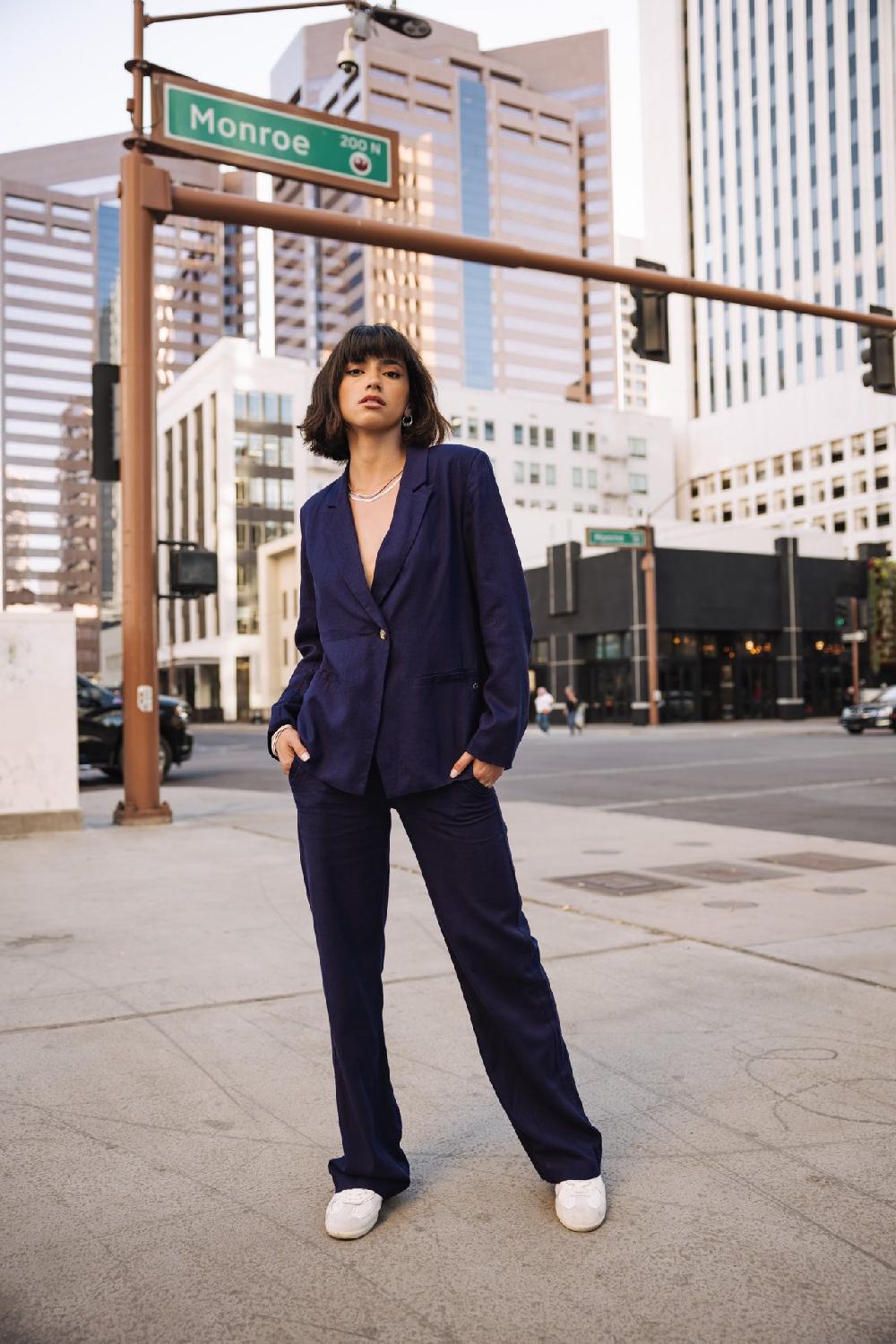 Freeman T. Porter Agatha Plain Linen Pantalon Large En Lin Femme Peacoat