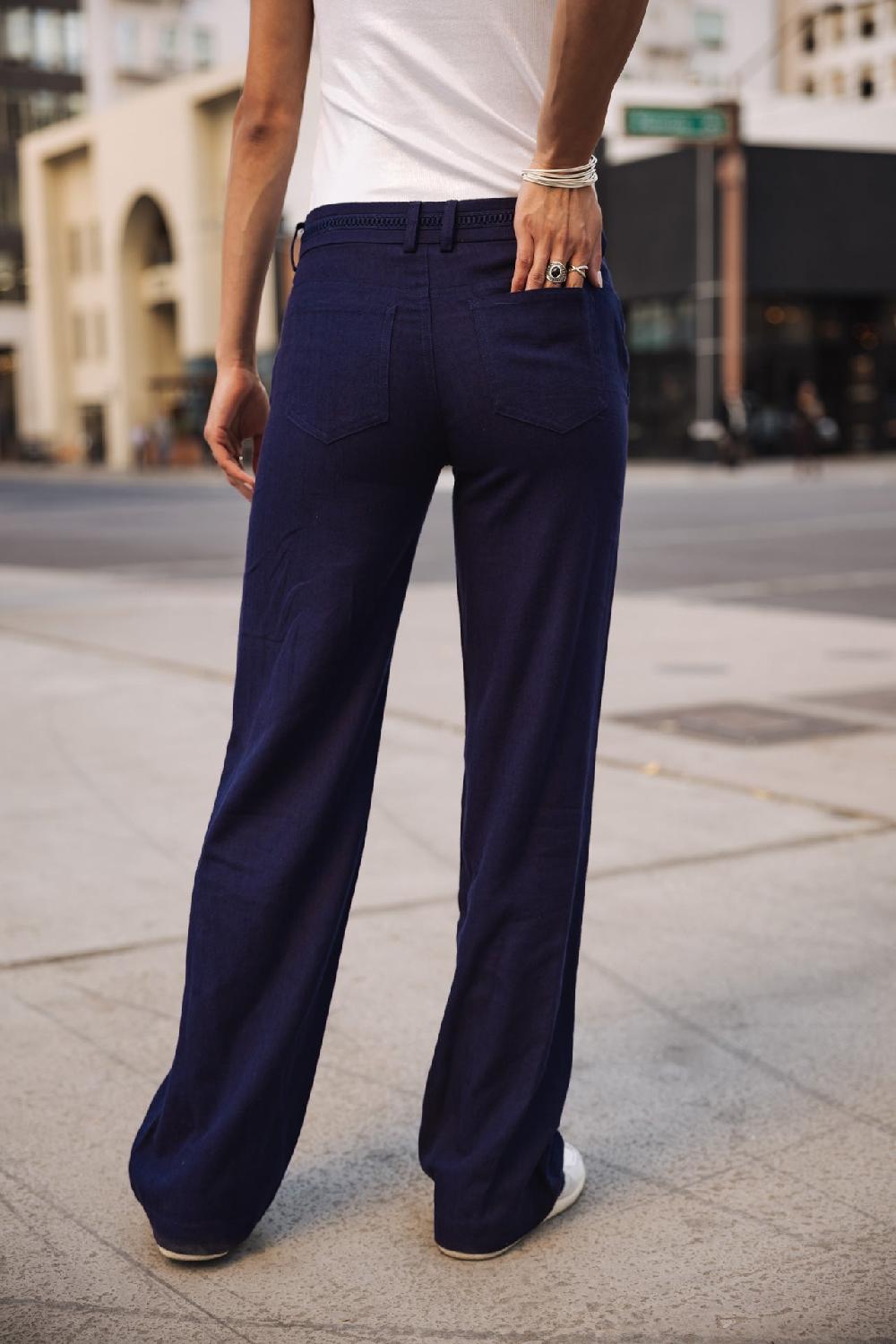 Freeman T. Porter Agatha Plain Linen Pantalon Large En Lin Femme Peacoat