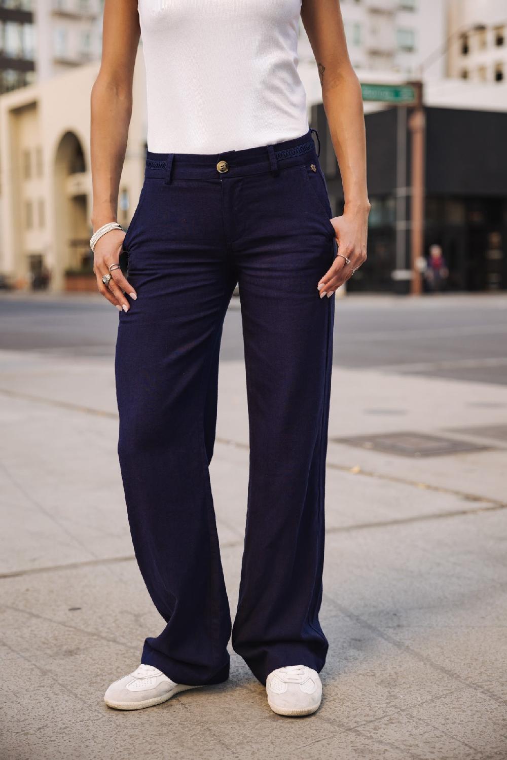 freeman t. porter Agatha Plain Linen Pantalon large en lin Femme peacoat