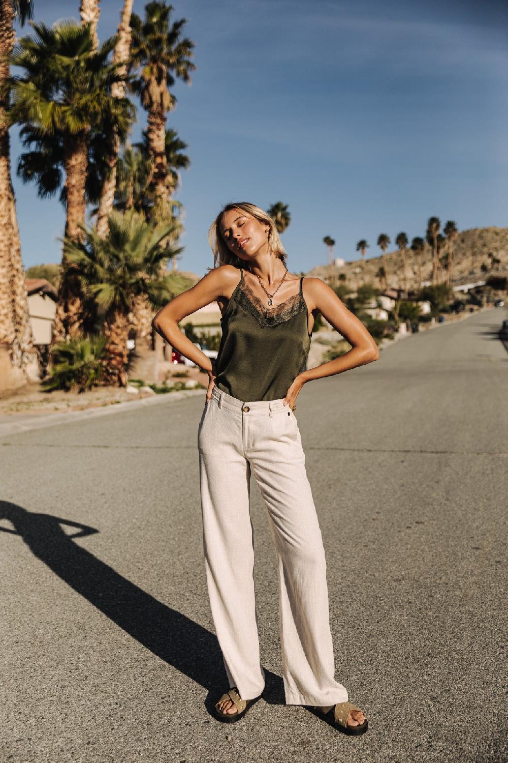 Freeman T. Porter Agatha Plain Linen Pantalon Large En Lin Femme Simply Taupe