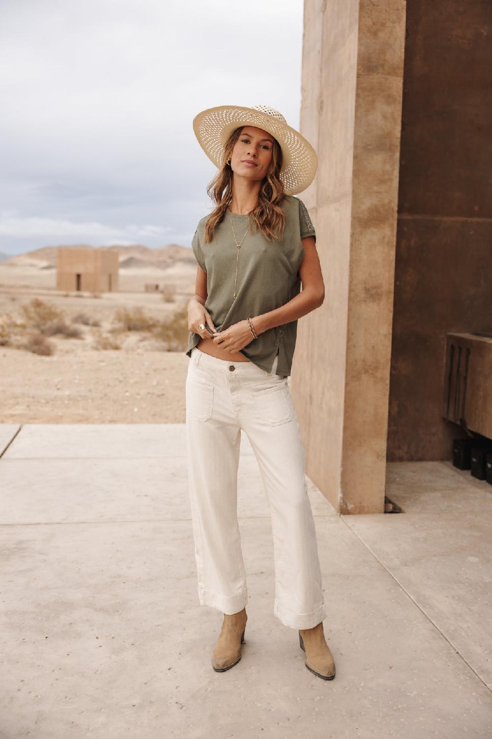 freeman t. porter Alice Palmae Pantalon cropped large à revers Femme egret