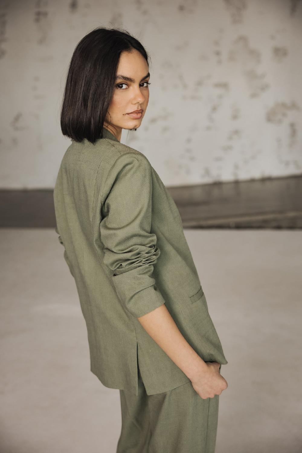 Freeman T. Porter Bernie Plain Linen Blazer Droit En Lin Femme Deep Lichen Green