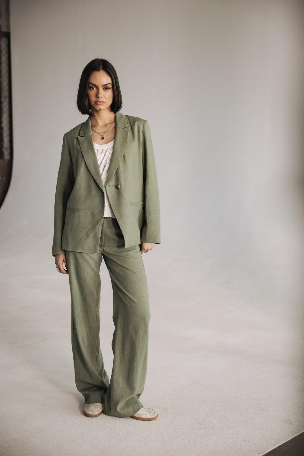 Freeman T. Porter Bernie Plain Linen Blazer Droit En Lin Femme Deep Lichen Green