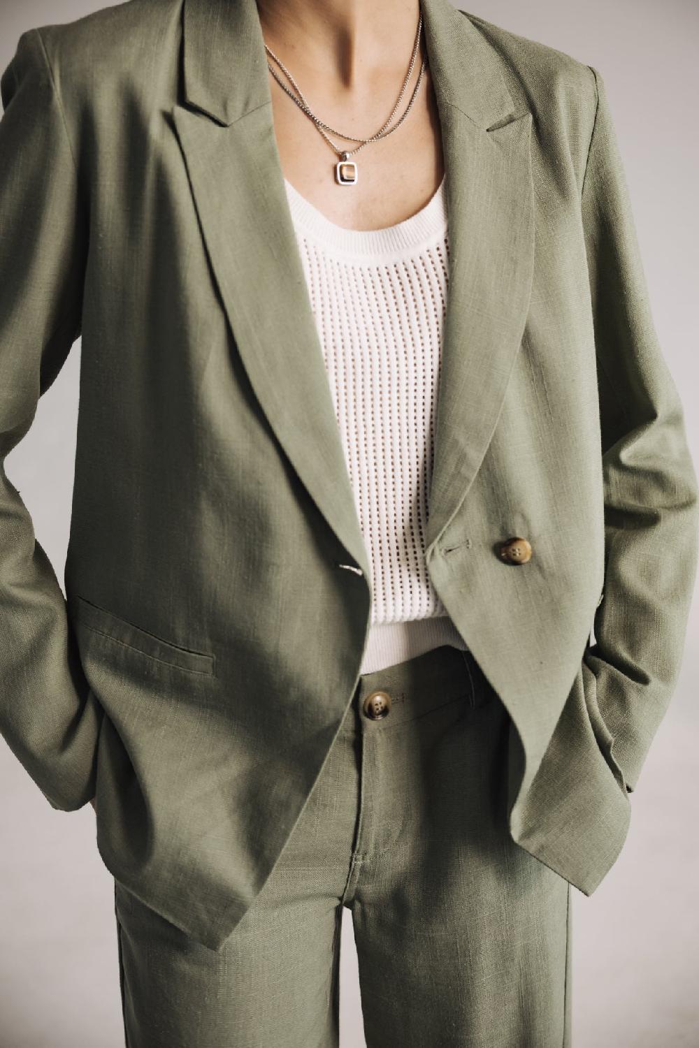 Freeman T. Porter Bernie Plain Linen Blazer Droit En Lin Femme Deep Lichen Green