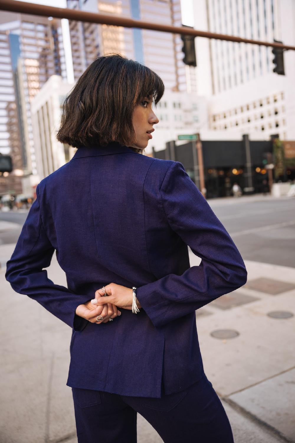 Freeman T. Porter Bernie Plain Linen Blazer Droit En Lin Femme Peacoat