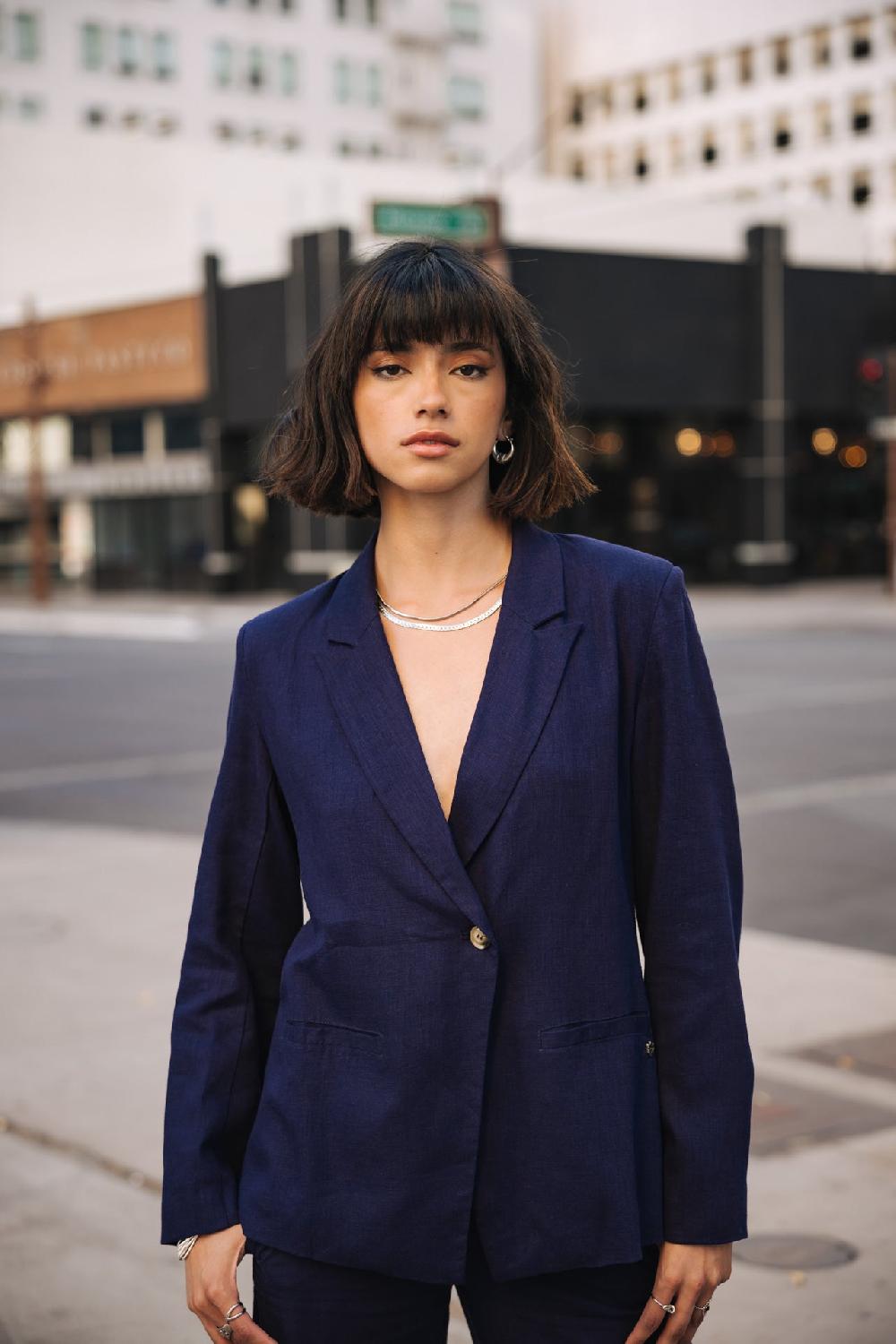 Freeman T. Porter Bernie Plain Linen Blazer Droit En Lin Femme Peacoat