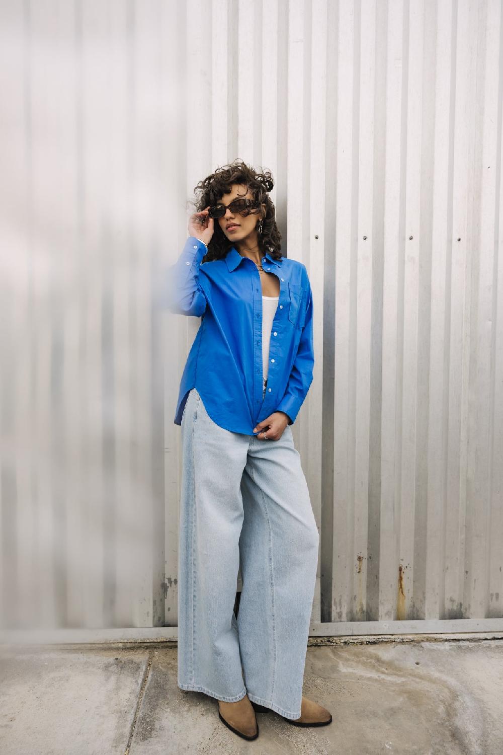 Freeman T. Porter Chella Plain Color Chemise Oversize Femme French Blue