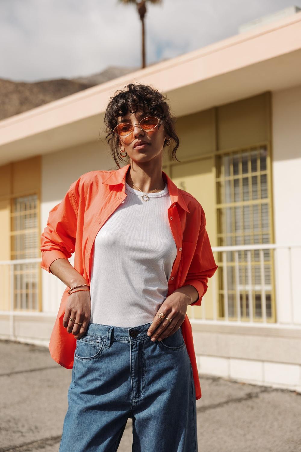 Freeman T. Porter Chella Plain Color Chemise Oversize Femme Hot Coral